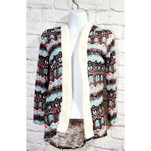 Self Esteem Black Teal Orange Sherpa Collar Cardigan Medium Hooded